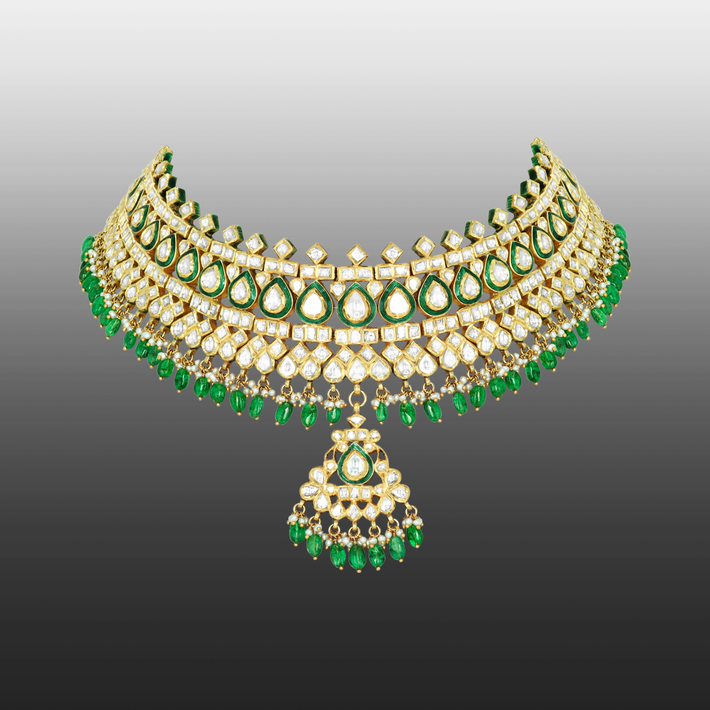 Polki Choker with Green Meenakari and Emerald Maniya